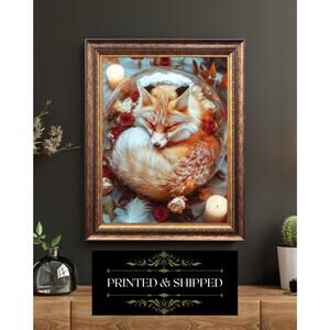 Enchanted Sleeping Fox Glass Dome Roses Candle Autumn Woodland Animal Art Print